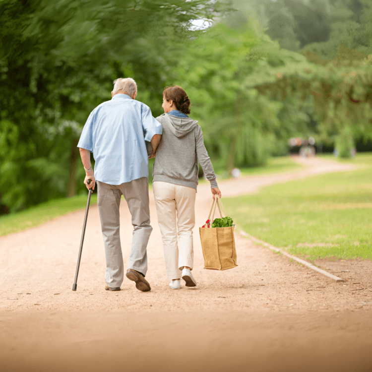 An elderly man walks with a younger woman, who is carrying a grocery bag, along a path in a green park.