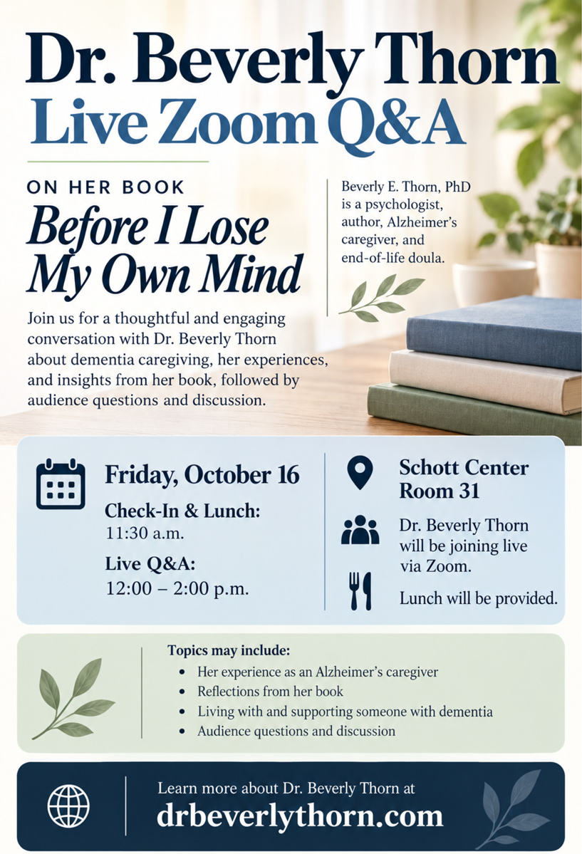 The image promotes a live Zoom Q&A with Dr. Beverly Thorn, discussing her book on dementia caregiving, scheduled for October 16, with lunch provided.